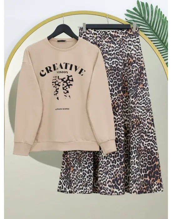 Omarı Fiyonk Baskılı Leopar Etekli Takım - Bej