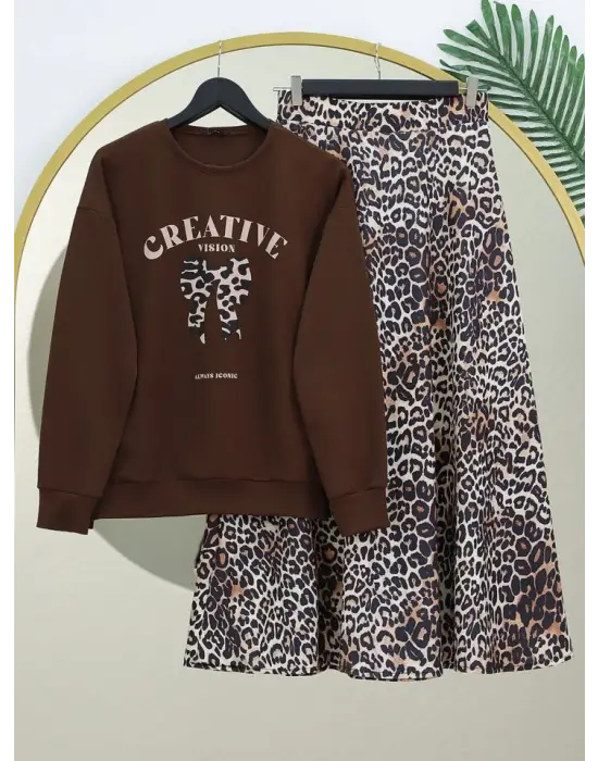Omarı Leopar Desenli Fiyonk Detaylı Etek Takımı - Kahve