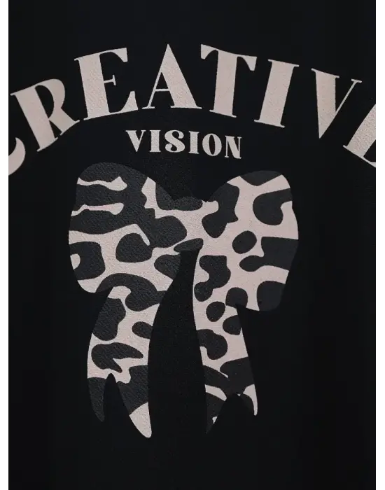 Omarı Leopar Desenli Yuvarlak Yaka Fiyonk Detaylı Etek Takımı - Siyah