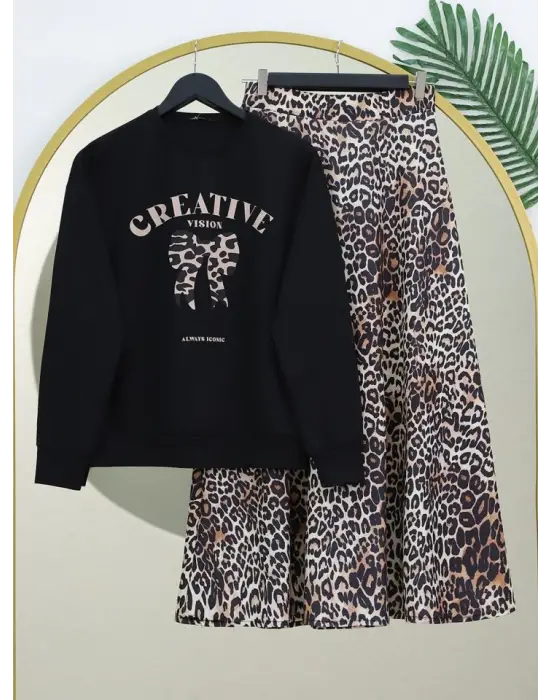 Omarı Leopar Desenli Yuvarlak Yaka Fiyonk Detaylı Etek Takımı - Siyah