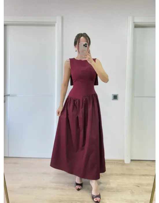 Omarı Uzun Bordo Kanatlı Elbise