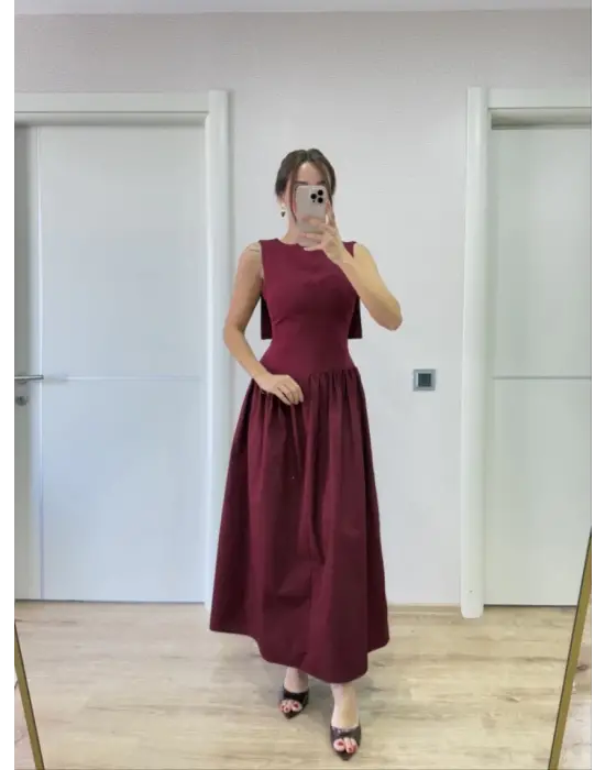 Omarı Uzun Bordo Kanatlı Elbise