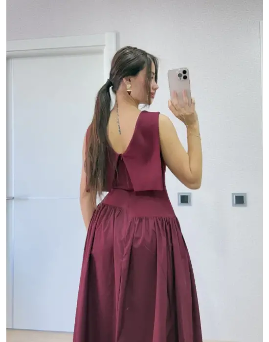 Omarı Uzun Bordo Kanatlı Elbise