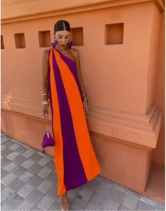 Omarı Zarif ve Şık Çift Renkli Elbise