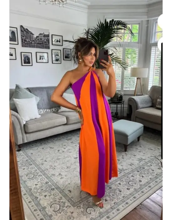 Omarı Zarif ve Şık Çift Renkli Elbise