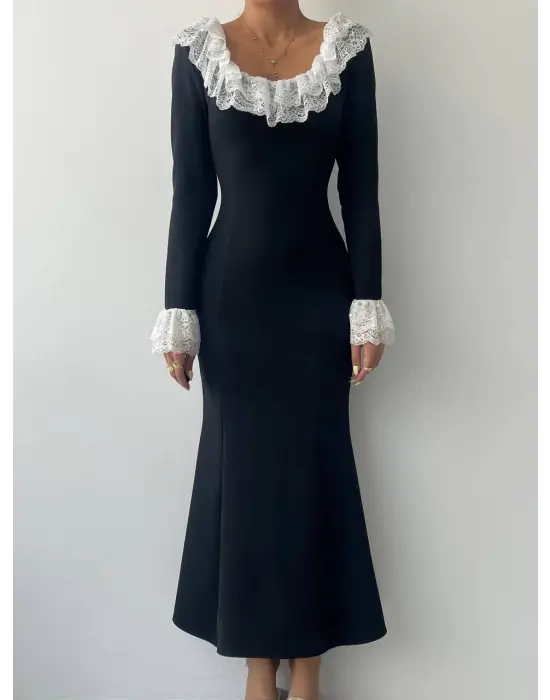 Omarı Şık Dantel Yaka Elbise Onlineda