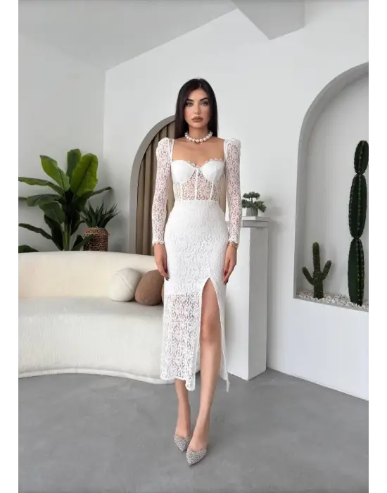 Omarı Zarif Dantel Detaylı Elbise