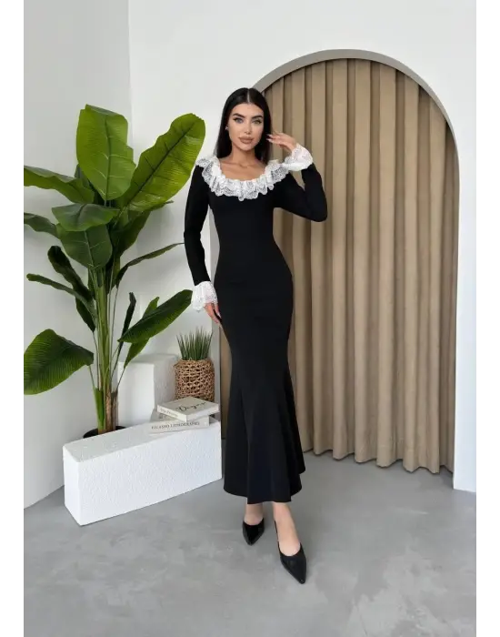 Omarı Şık Dantel Yaka Elbise Onlineda