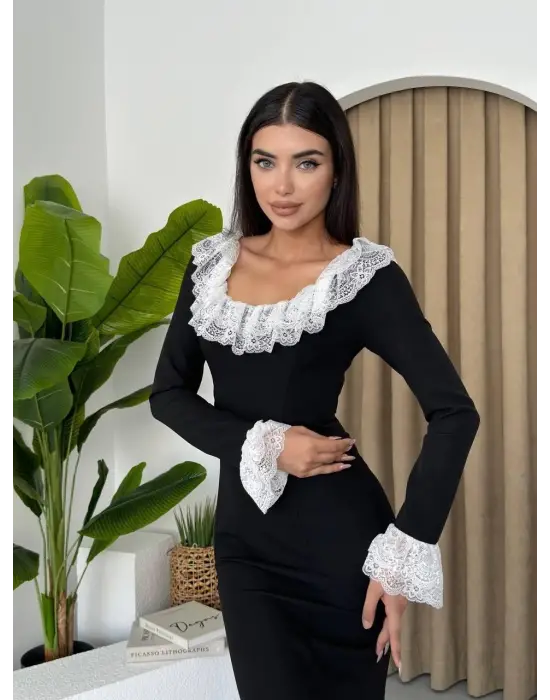 Omarı Şık Dantel Yaka Elbise Onlineda