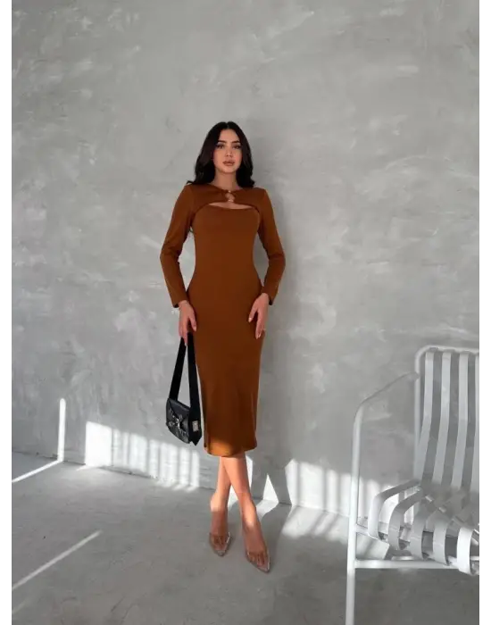 Omarı Zarif Halka ve Pencere Detaylı Kadın Midi Boy Elbise