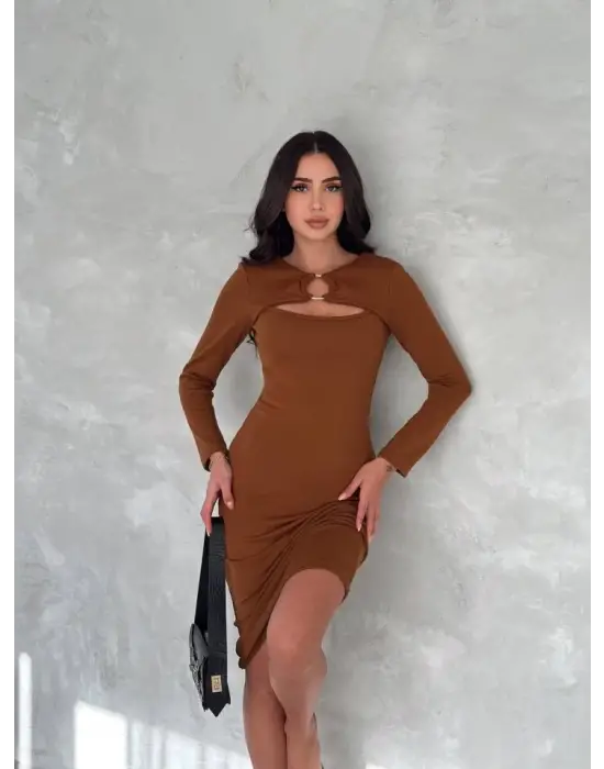 Omarı Zarif Halka ve Pencere Detaylı Kadın Midi Boy Elbise