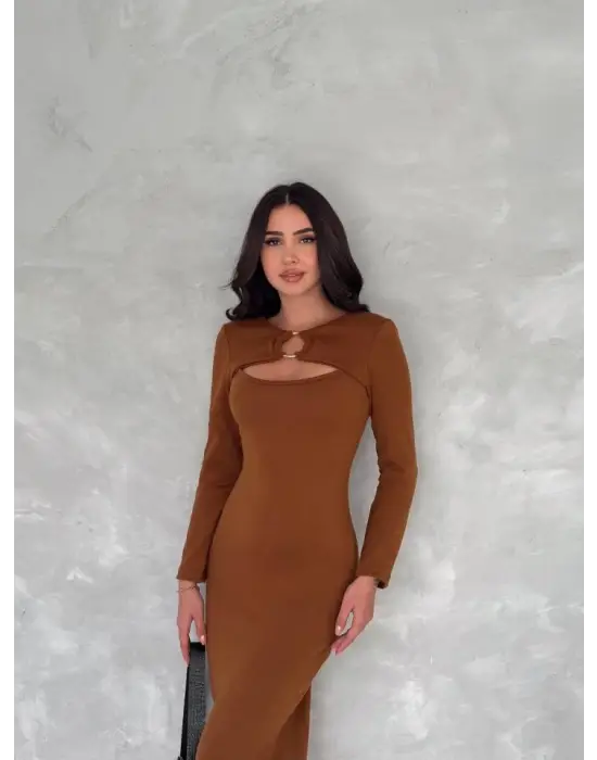 Omarı Zarif Halka ve Pencere Detaylı Kadın Midi Boy Elbise