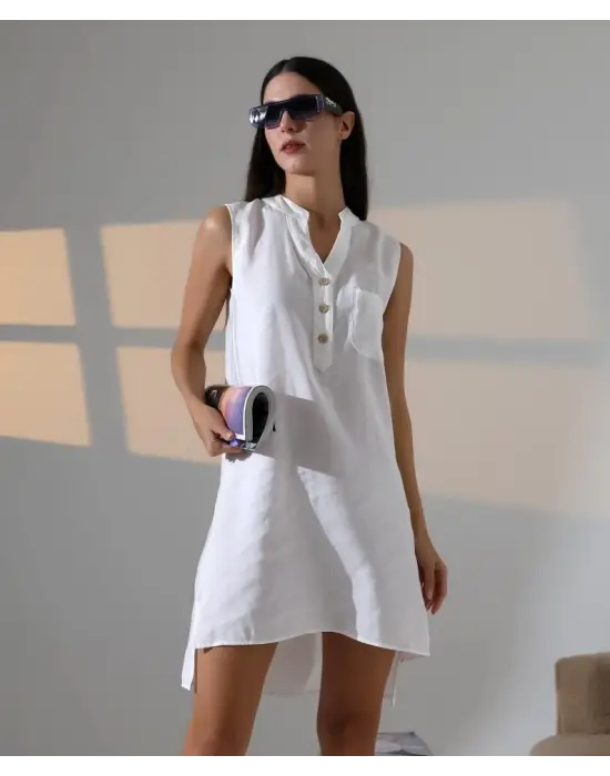 Omarı Çekici Düğme Detaylı Mini Elbise