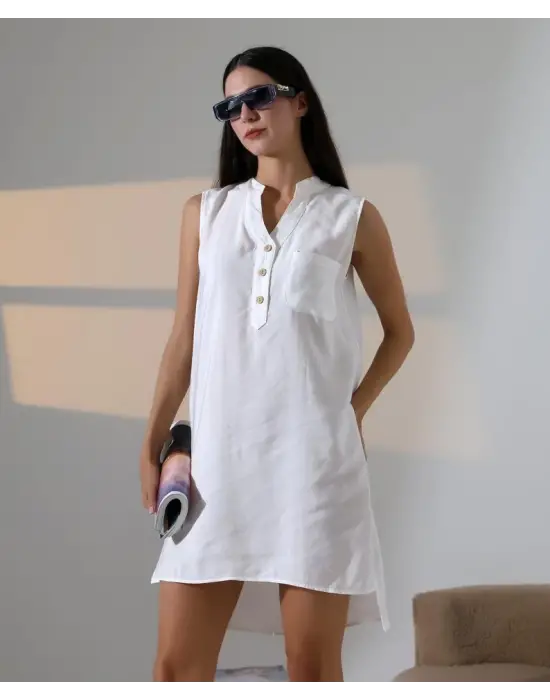 Omarı Çekici Düğme Detaylı Mini Elbise