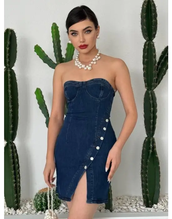 Omarı Zarif Düğme Detaylı Elbise