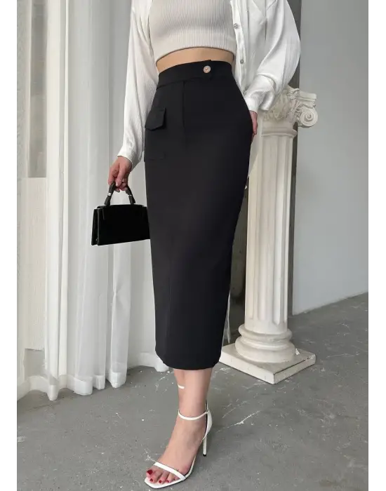 Omarı Diz Boyu Düğmeli Şifon Etek