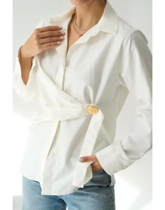 Omarı Modern Çizgili Bağlamalı Ekru Gömlek