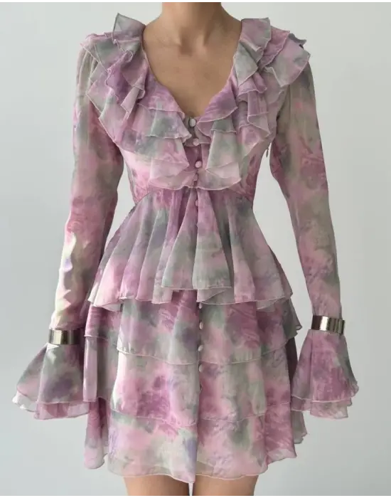 Omarı Zarif Fırfırlı Elbise Mavi