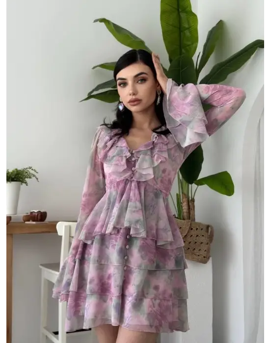 Omarı Zarif Fırfırlı Elbise Mavi