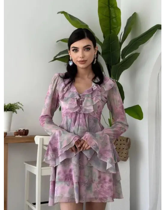 Omarı Zarif Fırfırlı Elbise Mavi