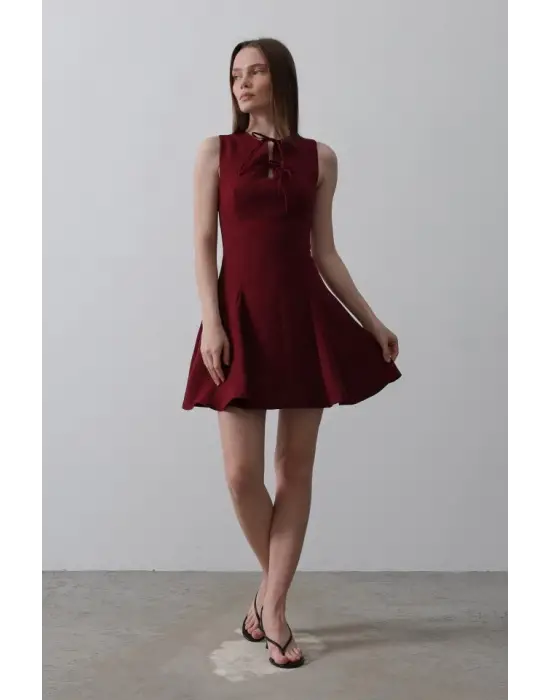 Omarı Şık Fiyonk Detaylı Mini Elbise - Bordo