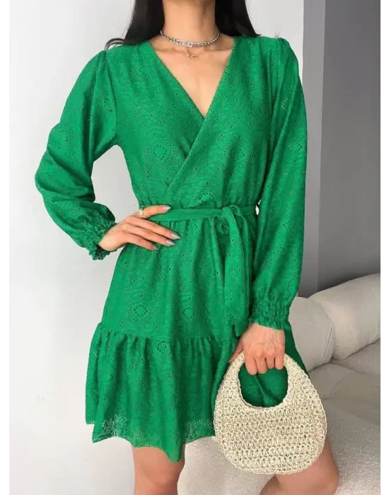 Omarı Şık Kruvaze Yaka Güpürlü Mini Elbise