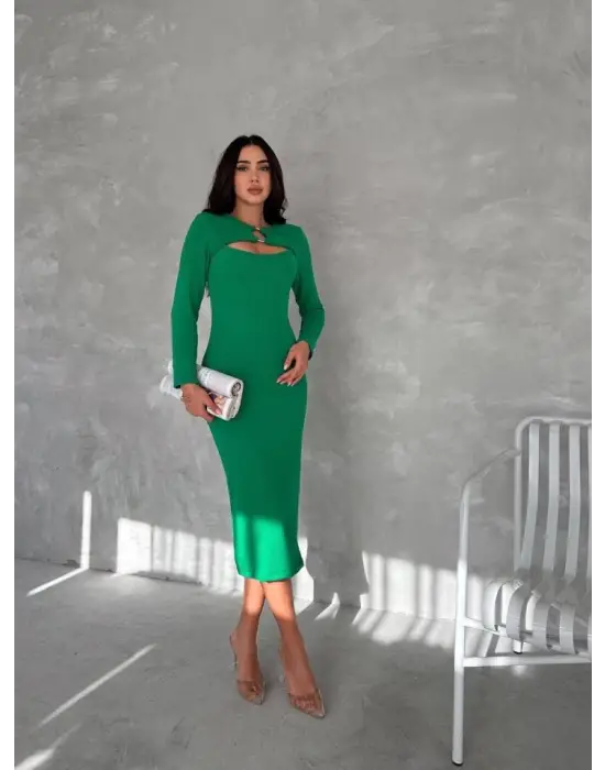 Omarı Halka ve Pencere Detaylı Midi Boy Elbise