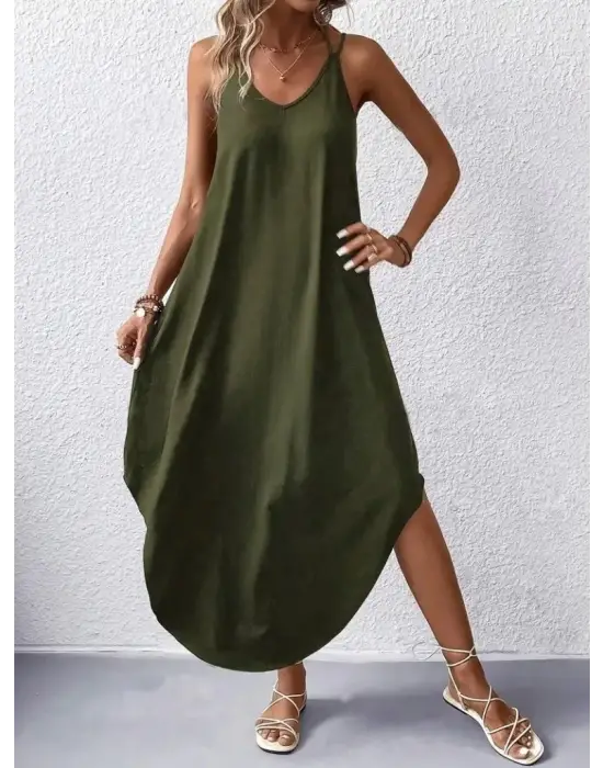 Omarı Uzun V Yakalı Viskon Elbise