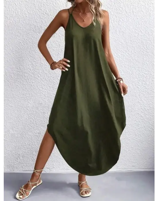 Omarı Uzun V Yakalı Viskon Elbise