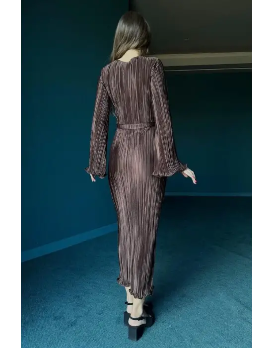 Omarı İspanyol Kol Detaylı Kahverengi Elbise