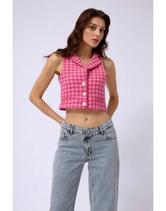 Omarı Kazayağı Desenli Crop Yelek