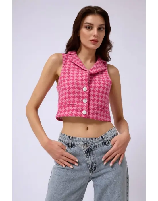 Omarı Kazayağı Desenli Crop Yelek