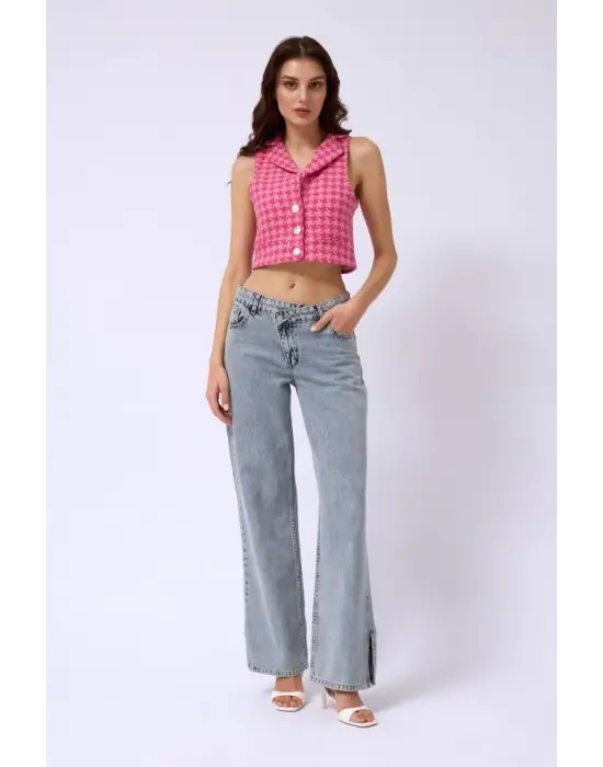 Omarı Kazayağı Desenli Crop Yelek