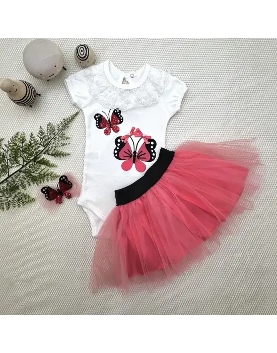 Omarı Taçlı Kelebek Nakışlı Tütü Kız Bebek Takımı