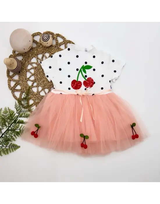 Omarı Şık Kiraz Nakışlı Tütü Elbisesi Pudra