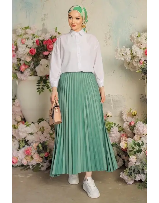 Omarı Zarif Pileli Mint Etek