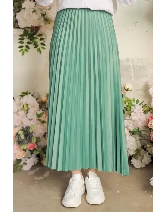 Omarı Zarif Pileli Mint Etek