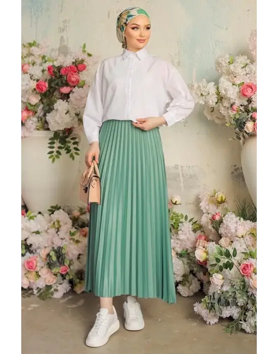 Omarı Zarif Pileli Mint Etek