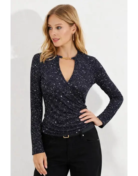 Zarif Uzun Kollu Kruvaze Yakalı Dalgıç Bluz