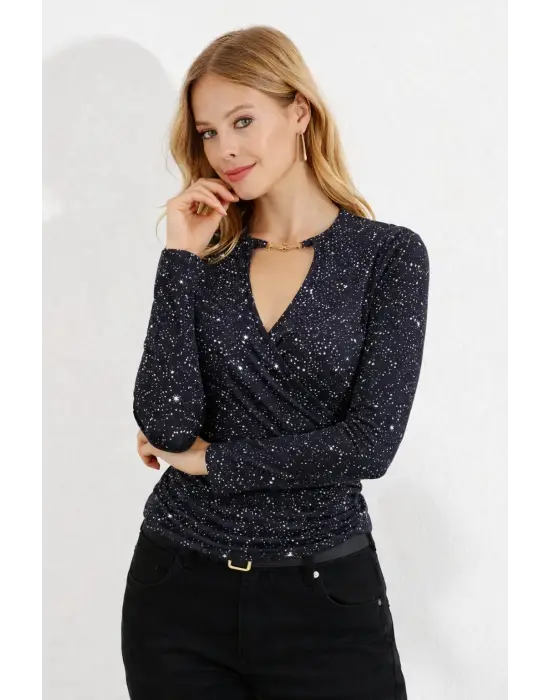 Zarif Uzun Kollu Kruvaze Yakalı Dalgıç Bluz
