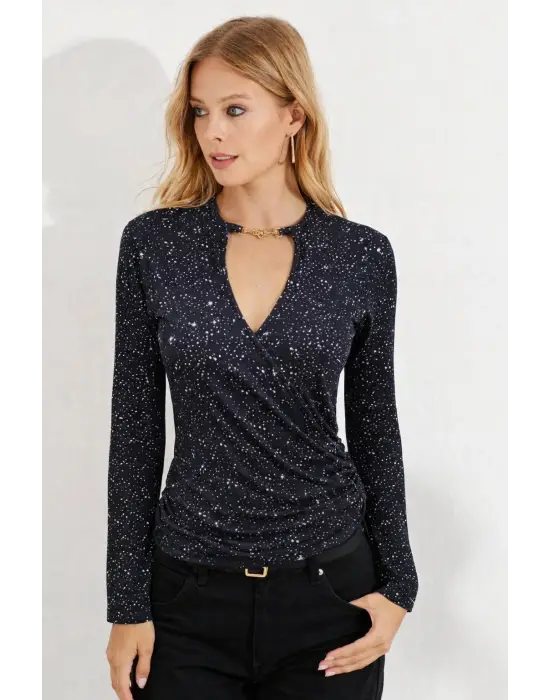 Zarif Uzun Kollu Kruvaze Yakalı Dalgıç Bluz