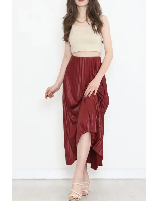 Omarı Parlak Krep Gizli Lastikli Bordo Etek