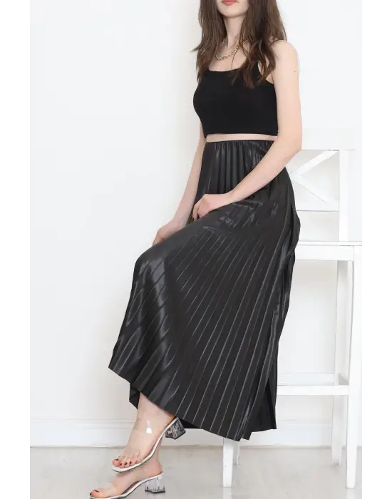 Omarı Parlak Krep Siyah Pileli Etek