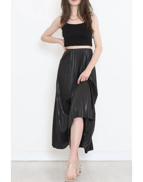 Omarı Parlak Krep Siyah Pileli Etek