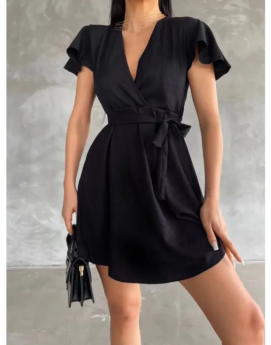 Omarı Bürümcük Desenli Mini Elbise