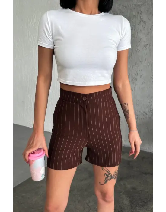 Omarı Yüksek Bel Krep Esnek Çizgili Şort Kahverengi