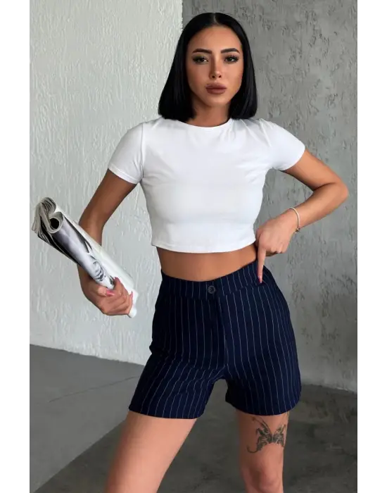 Omarı Yüksek Bel Esnek Çizgili Şort Lacivert