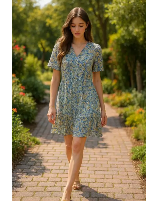 Omarı Zarif Saten Elbise Yeşil Desenli