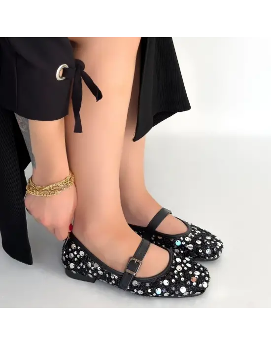 Zaty Siyah Süet Gümüş Pullu Babet Ayakkabı