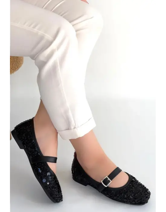 Zaty Siyah Süet Siyah Pullu Babet Ayakkabı